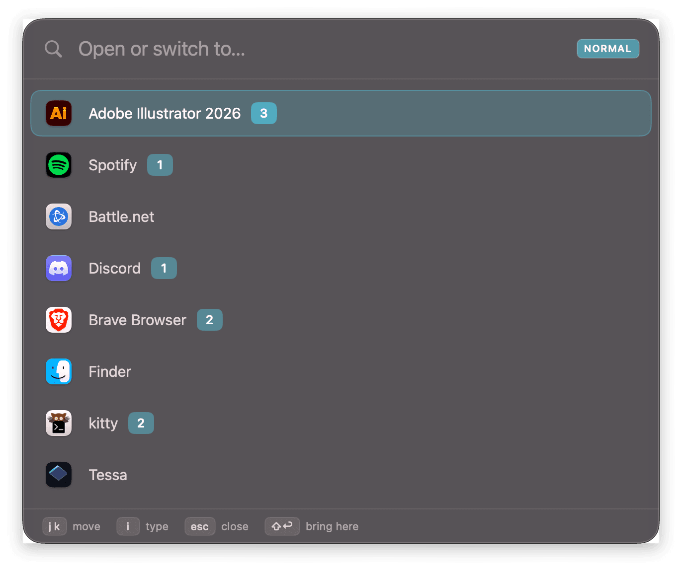Tessa's launcher, opened with ⌥Space, listing running applications and how many windows each has